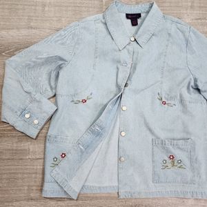 DENIM & CO. Cotton Embroidered Floral Flower Denim Button Down Jacket 1X